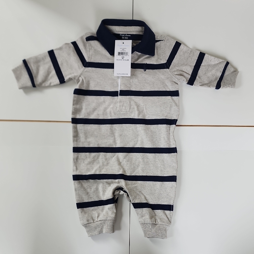 Ralph Lauren - Baby Boy Striped Gray and Navy Blue Romper - NWT